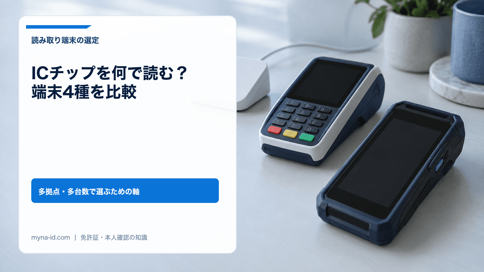 机の上に斜めに並んだケーブル付きの小型カードリーダー、カウンター用の決済端末、業務用ハンディ端末(いずれも画面は消えている)のイメージ